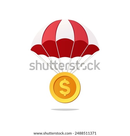 Gold coin falls by parachute vector isolated on white background.