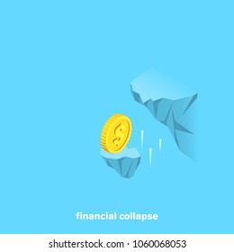 The gold coin falls with a piece of broken rock, an isometric image