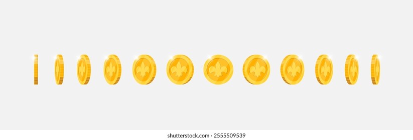 Gold coin featuring regal image in continuous rotation for game animations. Metallic token turns smoothly in multiple views. Flat 3D object for dynamic gaming visuals