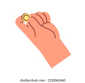 Gold Coin In Fingers. Hand With Money. Thumb And Forefinger With Change To Toss Icon. Savings, Bonuses, Financial Help And Cashback Concept. Flat Vector Illustration Isolated On White Background