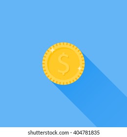 Gold coin flat icon with long shadow on blue background. Vector illustration.