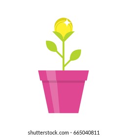 Gold coin flower pot, creative making money solution, office motivation. Vector flat style cartoon illustration isolated on white background. Business success concept