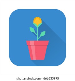Gold coin flower pot, creative making money solution, office motivation. Vector flat style cartoon illustration with long shadow on violet background. Business success concept