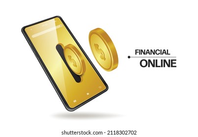 Gold coin flows out of the slot on the smartphone screen. and all floating in midair for financial and payment online advetising concept design,vector 3d isolated on white background