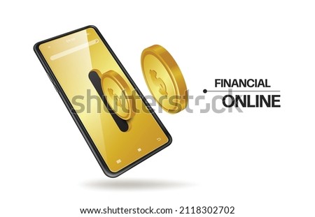 Gold coin flows out of the slot on the smartphone screen. and all floating in midair for financial and payment online advetising concept design,vector 3d isolated on white background Foto d'archivio © 
