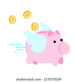 gold coin and fly pig bank economy management cartoon doodle flat design style vector illustration