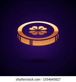 Gold Gold coin with four leaf clover icon isolated on dark blue background. Happy Saint Patricks day.  Vector Illustration