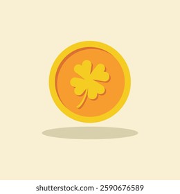 Gold coin with a four leaf clover. Luck, fortune, Irish heritage, st.patricks day. Vector illustration.