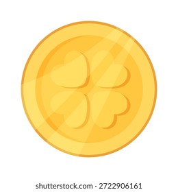 Gold coin with four leaf clover. Hand drawn vector illustration. Object on white background. Design element for Saint Patricks Day.