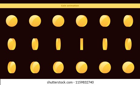 Gold coin frames animation of rotation around for mobile game in cartoon style. Vector illustration.