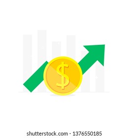 Gold coin in front and a graph with a red arrow down from the back. White background.