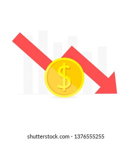 Gold coin in front and a graph with a red arrow down from the back. White background.