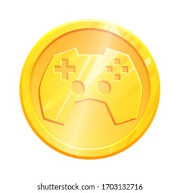 Gold coin gamepad icon. Leisure and entertainment logo. Video game controller sign joystick. Simple isolated pictogram. Esports play vector design. Control symbol.