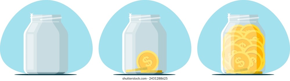 Gold coin glass piggy bank concept, glass jar with different amount of money. Stock vector illustration