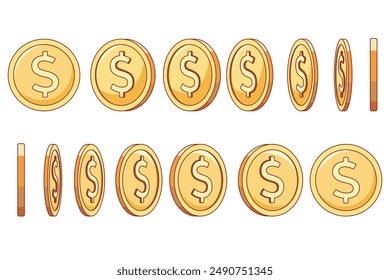 Gold coin gradual rotating. Dollar sign different positions, frame by frame spin animation, various angles view, golden money, game profit, winning prize, vector isolated set