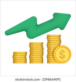 Gold coin with green arrows up. Green arrow graph going up over pile of gold coins. coin stack growing business isolate concept