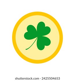 Gold coin with green shamrock, vector illustration for St. Patrick’s day	