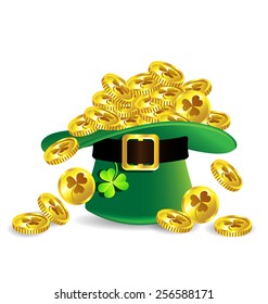 Gold coin in green St. Patrick's Day hat with shamrock on white background