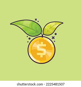 Gold Coin with Growing Leaf. Investment Growth Illustration