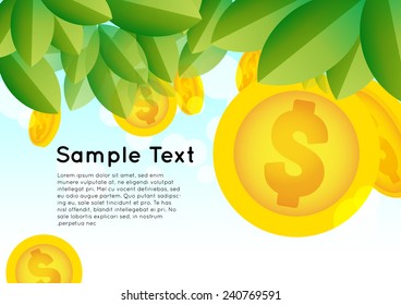 gold coin growth tree leaves background vector