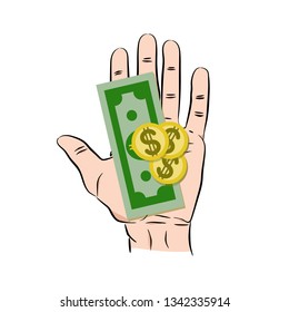 Gold coin in hand businessman isometric design. Vector illustration flat design. Isolated on background. Giving, receiving take money. Concept of charity, donate. Stack of coins.