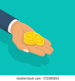 Gold coin in hand businessman isometric design. Vector illustration flat design. Isolated on background. Giving, receiving take money. Concept of charity, donate. Stack of coins.