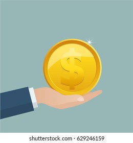 Gold coin in hand businessman isometric design. Giving, receiving take money. Concept of charity.