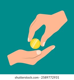 Gold coin in a hand. Concept of income, donation or investment. Vector design. 