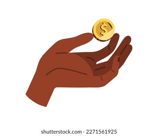 Gold coin in hand. Dollar in fingers. Cash money, american currency. Cashback, financial interest, profit, finance concept. Getting change. Flat vector illustration isolated on white background