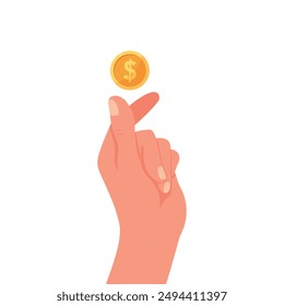 Gold coin in hand. Human hand tosses a coin. Cent in fingers. Money concept. Vector illustration