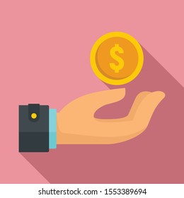 Gold coin in hand icon. Flat illustration of gold coin in hand vector icon for web design