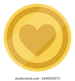 Gold coin with heart shaped love icon. Like button symbol. Isolated on white background. Vector illustration
