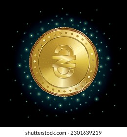 Gold coin with hryvnia sign. Coin on a dark background.