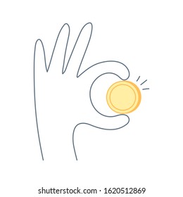 Gold coin in human hand, okay sign. Have got money, financial success, insert coin or token, payment. Flat thin line isolated vector illustration on white background.