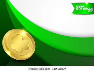 Gold coin with the image of clover on a green background with the words Happy St. Patrick's Day
