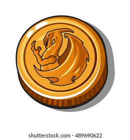 Gold coin with the image of a dragon on isolated white background. Vector illustration.
