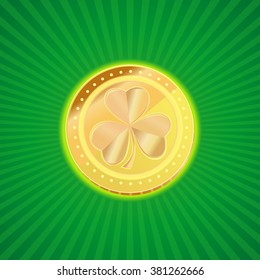 Gold coin with the image of shamrock clover on a vintage background. Element of design for St. Patrick's Day. Gold leprechaun. St. Patrick's day symbol. Vector illustration.