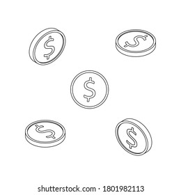 Gold coin Isometric & Flat - Black Outline icon vector. Flat style vector illustration.