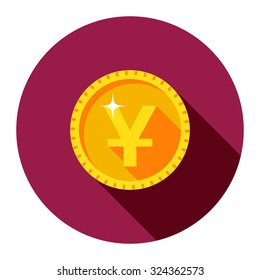 Gold coin JPY circle. Vector illustration of cash, coins Japanese Yen in a flat style. One Icon Japanese Yen. Flat design symbol money.