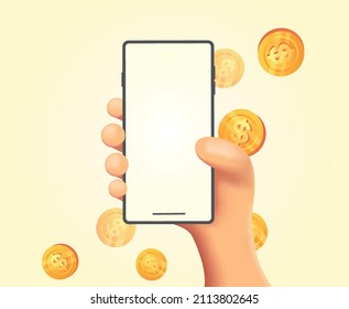 Gold coin keep falling around the phone. Online money concept. Money transfer.