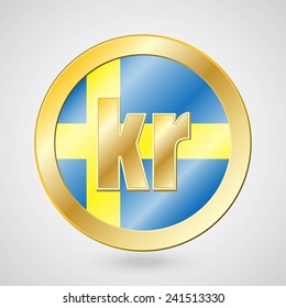 Gold coin with krona sign on the background with flag of Sweden