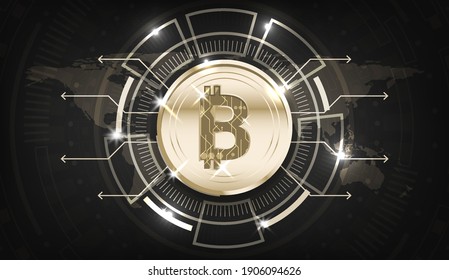 Gold coin with light arrows and circle shape on dark map background. Cryptocurrency concept some Elements of this image furnished by NASA