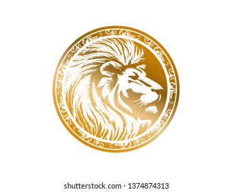 gold coin logo with lion head illustration