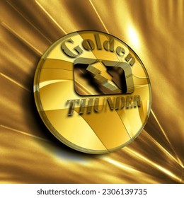 Logo de una moneda de oro con texto en él