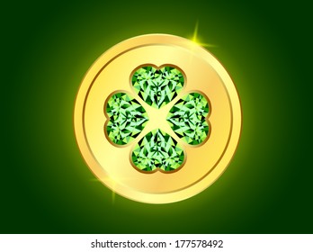 Gold Coin With Lucky Diamond Clover on Green Background