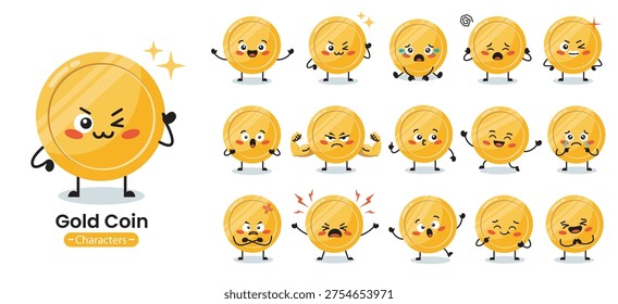 Gold Coin mascot set with various expressions and poses. Economic characters as symbols of saving, wealth, success