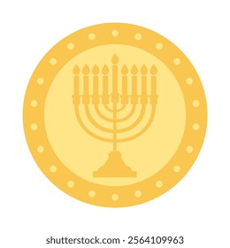 A gold coin with a menorah on it. The menorah is lit with candles. The coin is circular and has a gold color