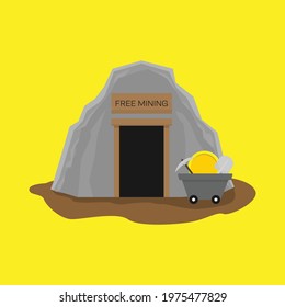 gold coin mine cave vector illustration with word free mining in front of cave entrance. vector flat design. the concept of mining crypto.