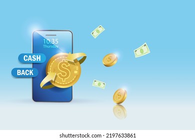 Gold Coin Money Cash Back Sign, Money Roll Back On Smartphone. Online Advertising Design For Commercial Promotion Campaign, Financial Marketing For Web Banner, Template.