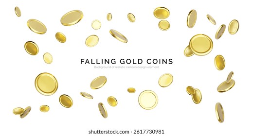 Gold Coin, Money, Currency, and Wealth Concept with Shiny Coins Falling on White Background. Ideal for Finance, Jackpot, or Casino Themes. 3D Cartoon Style. Vector Illustration